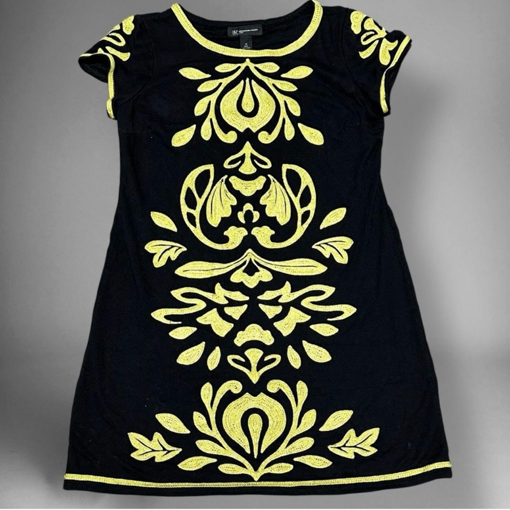 INC International Concepts Black Gold Embroidered Sheath Dress Medium Boho Chic